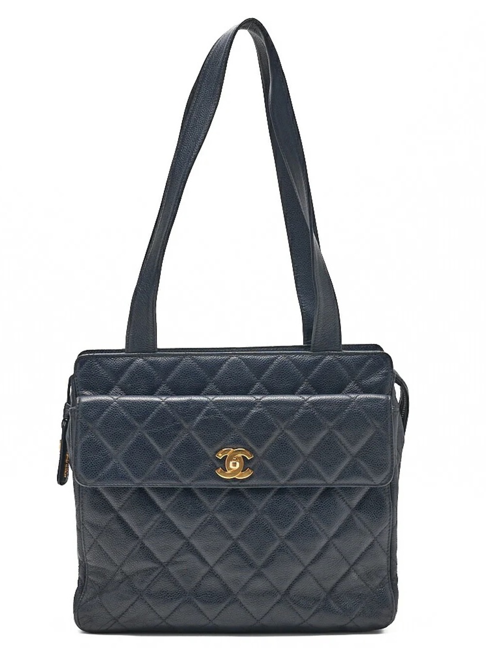 CHANEL Chanel Caviar Skin Matelasse Turn Lock Tote Bag Navy Gold-Tone Hardware